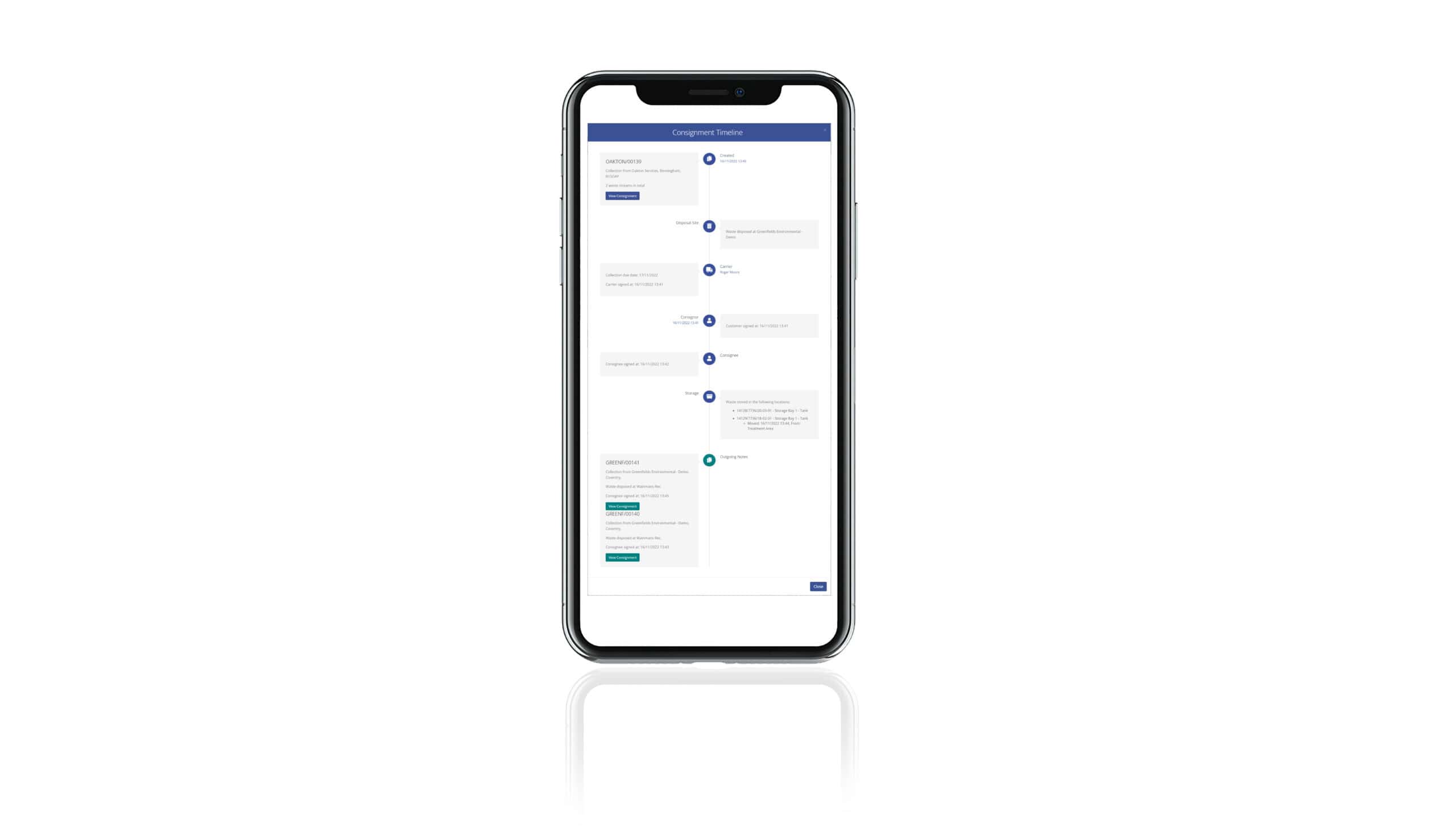 Waste Timeline displayed on a mobile device
